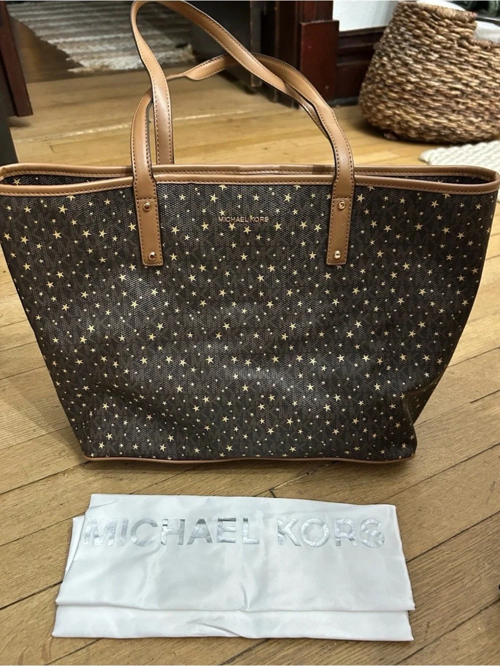 Michael Kors Brown Tote with Gold Star Print